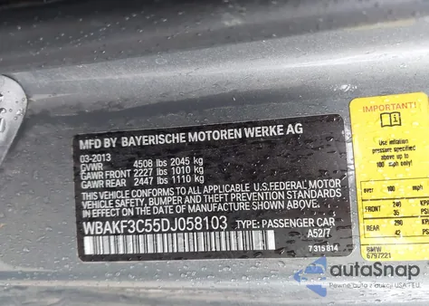 2013 BMW 328I xDrive z USA, uszkodzony, nr VIN WBAKF3C55DJ058103